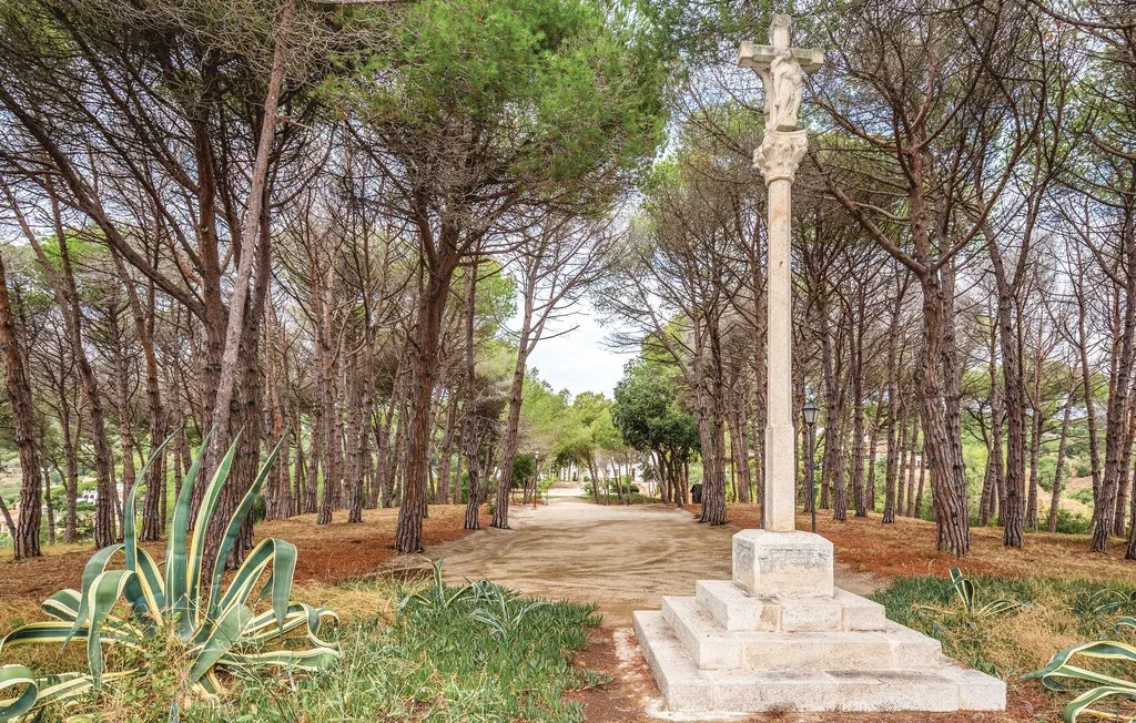 Un sendero arbolado atraviesa un parque junto a un monumento de piedra y plantas puntiagudas.