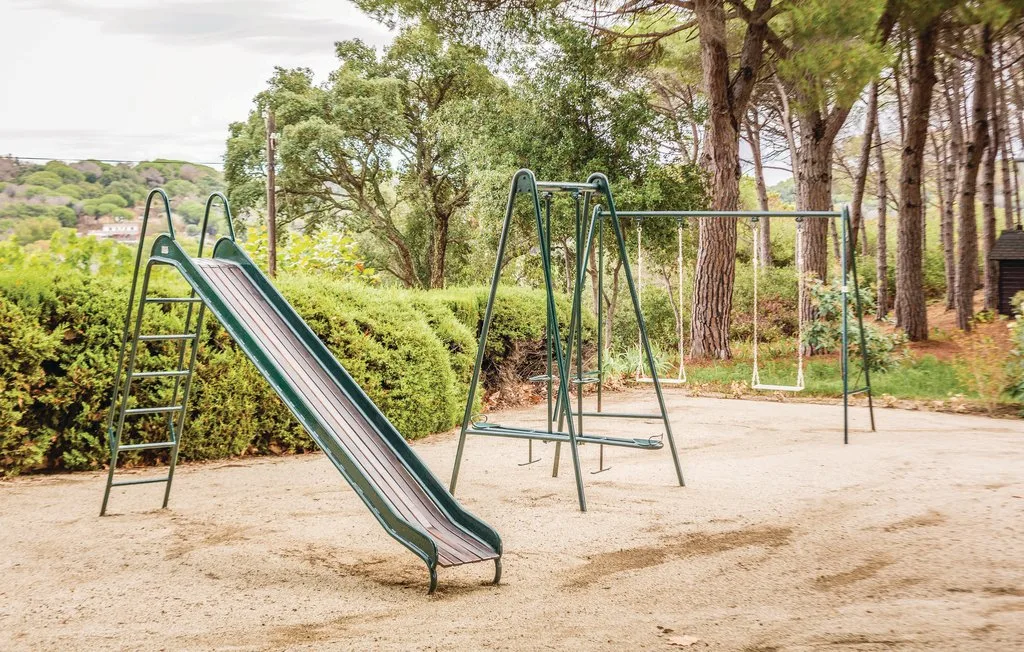 Un parque infantil al aire libre con un tobogán y columpios entre árboles.