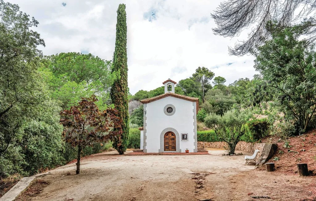 Una pequeña capilla blanca se encuentra entre árboles junto a un claro de tierra.