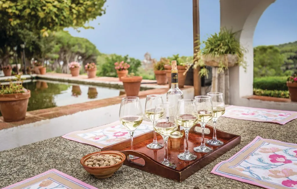 Una mesa de patio sostiene copas de vino junto a una piscina de jardín y plantas en macetas.