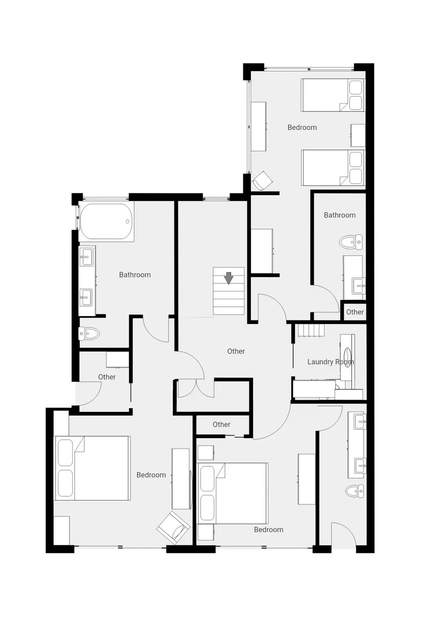 Un plano muestra dormitorios, baños, un cuarto de lavandería y una escalera central.
