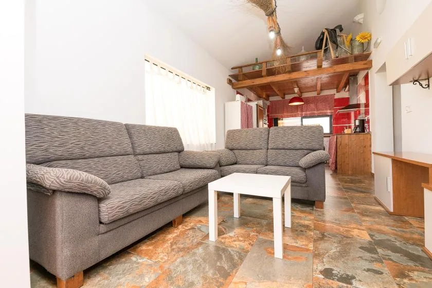 A living room with gray seating and a small white coffee table.