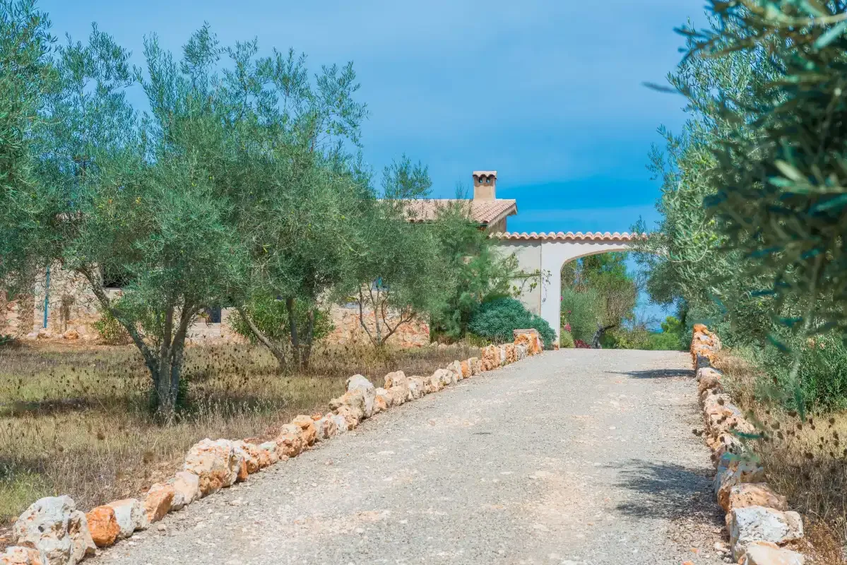 Un camino de grava bordeado de árboles y muros bajos de piedra conduce a una casa.