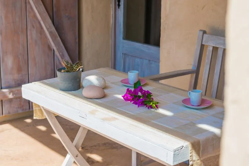 Una mesa de comedor al aire libre está puesta con tazas y una pequeña planta en maceta.
