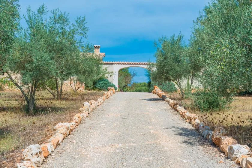 Un camino de grava pasa entre árboles hacia un arco de piedra.