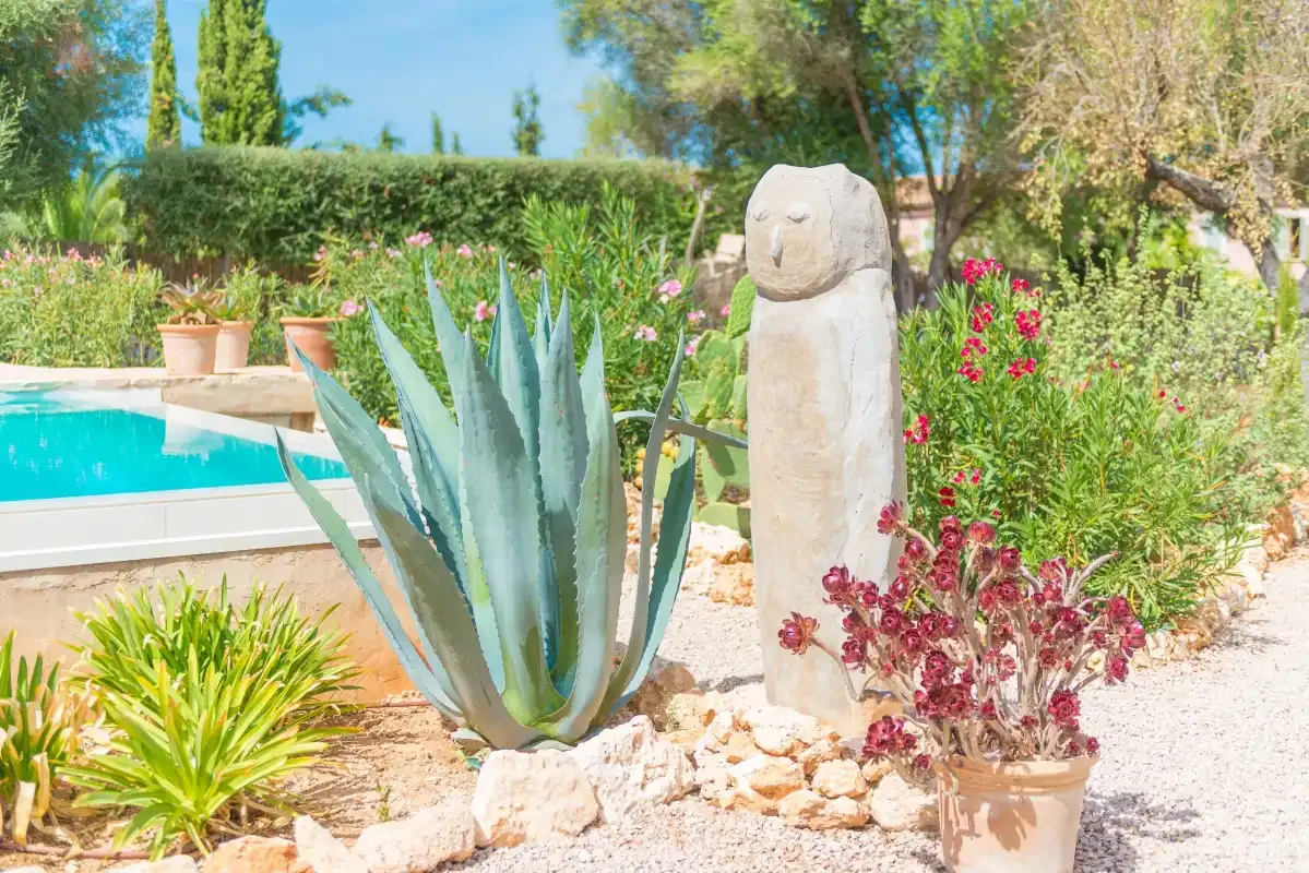 Un jardín junto a una piscina presenta un gran agave y una escultura de piedra.
