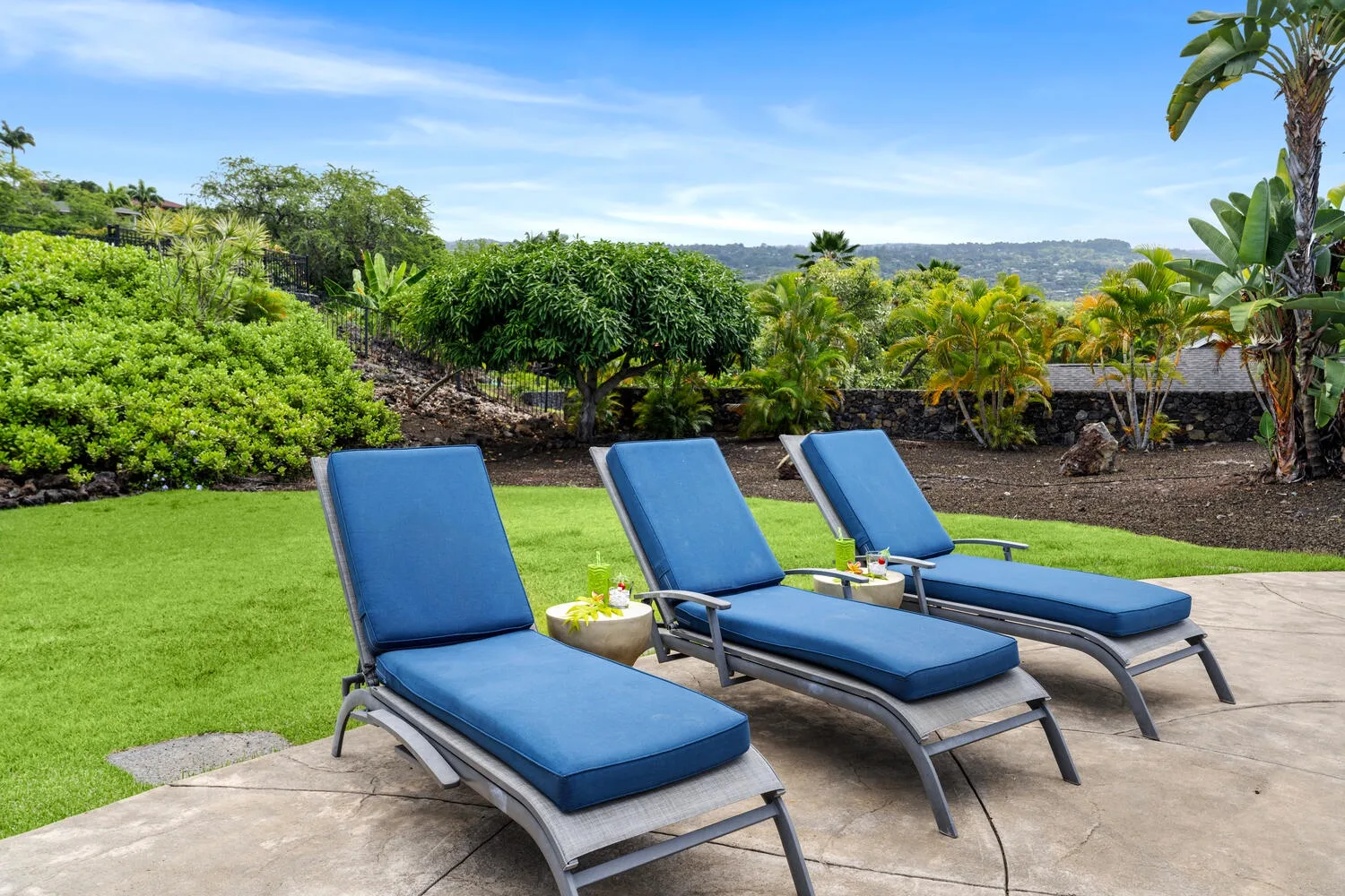 Outdoor patio with blue lounge chairs beside a green lawn and tropical plants.