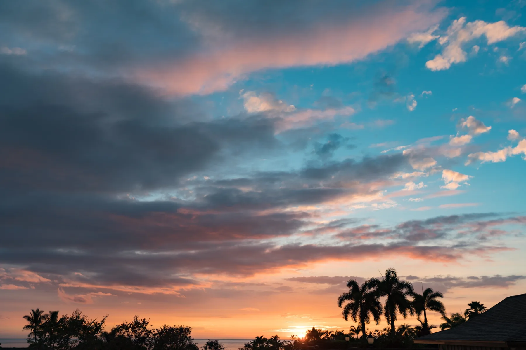 A colorful sunset glows beneath dramatic clouds, with palm trees silhouetted on the horizon.