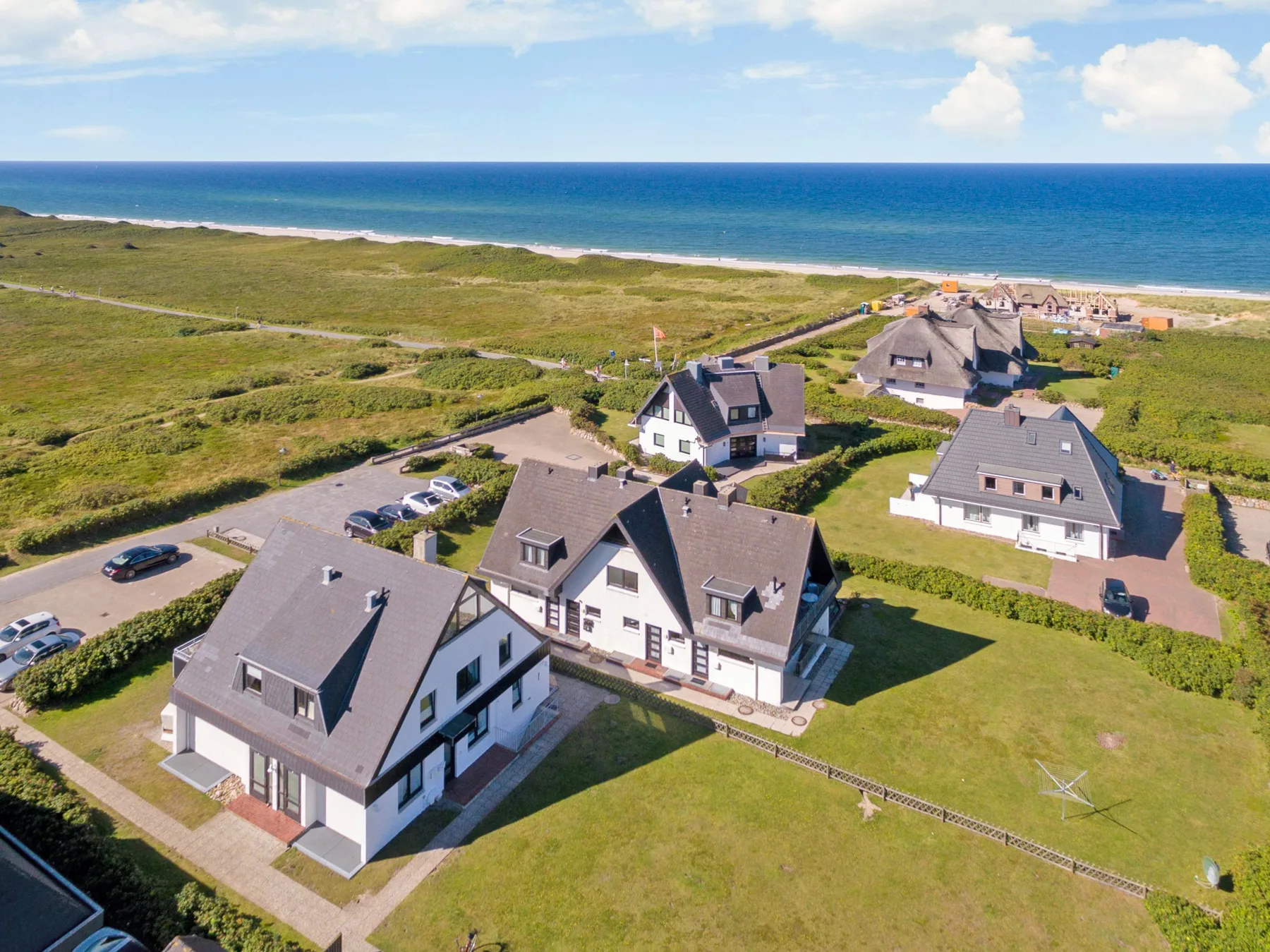 Aerial view of several houses beside coastal grassland and the ocean.