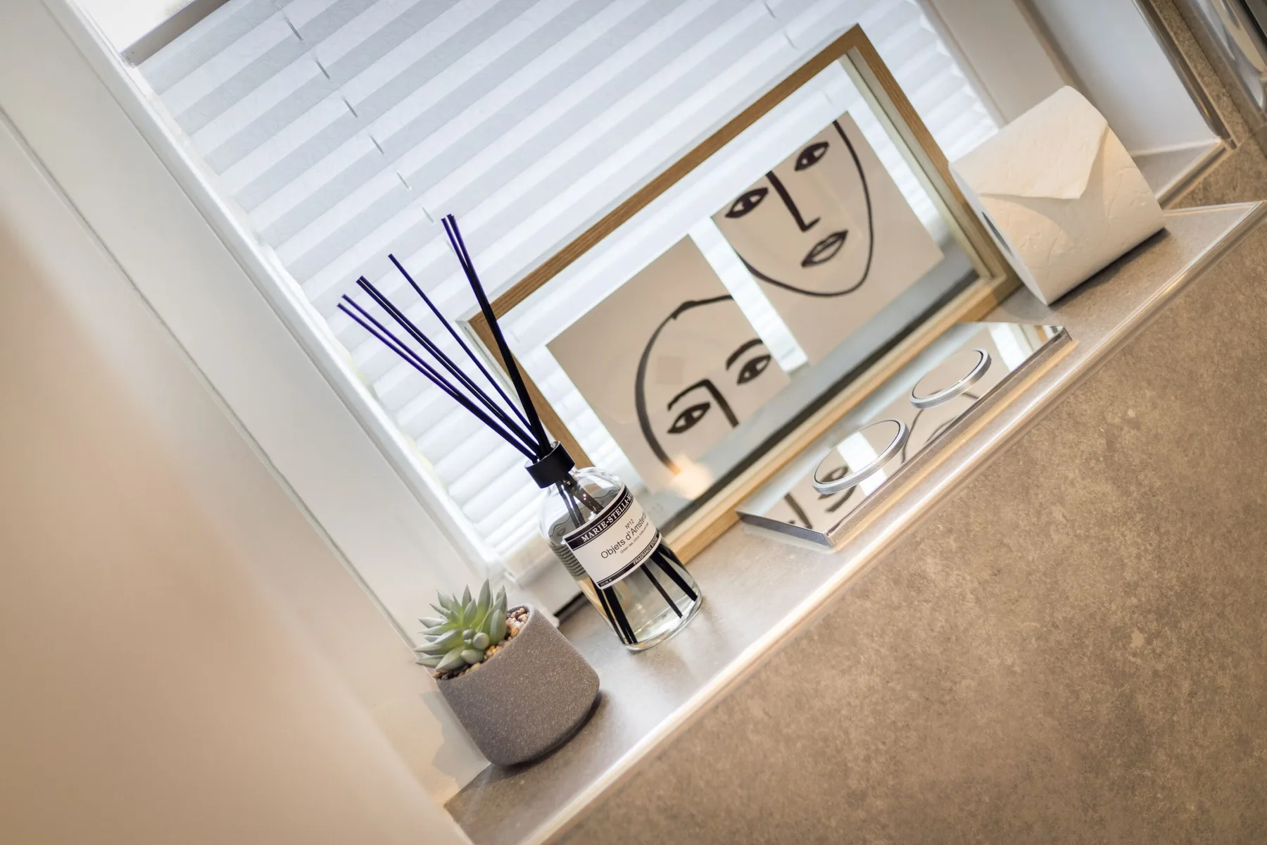 A bathroom vanity displays framed artwork, a reed diffuser, and a small potted plant.