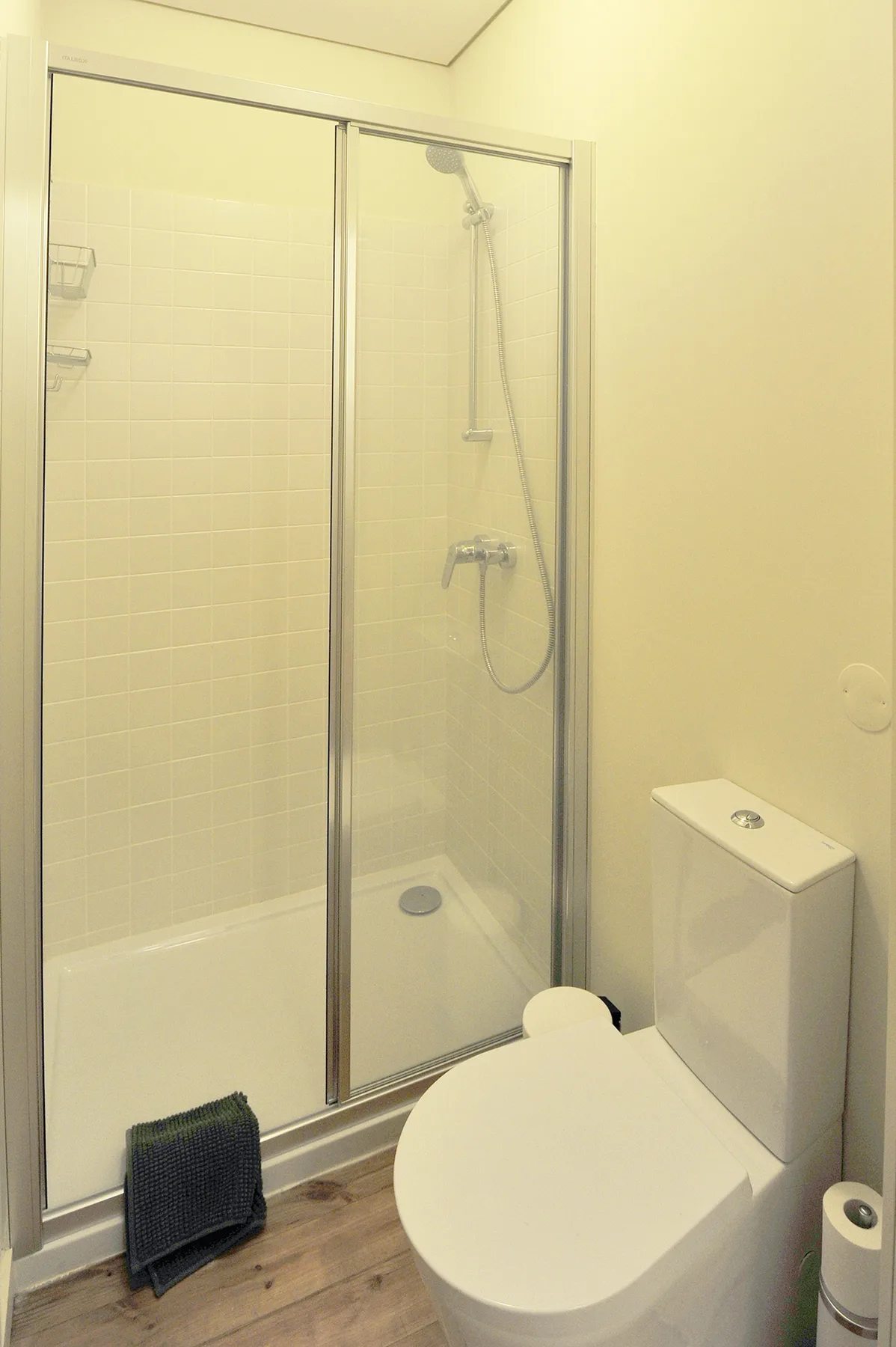 Un baño con ducha de mampara de vidrio e inodoro.