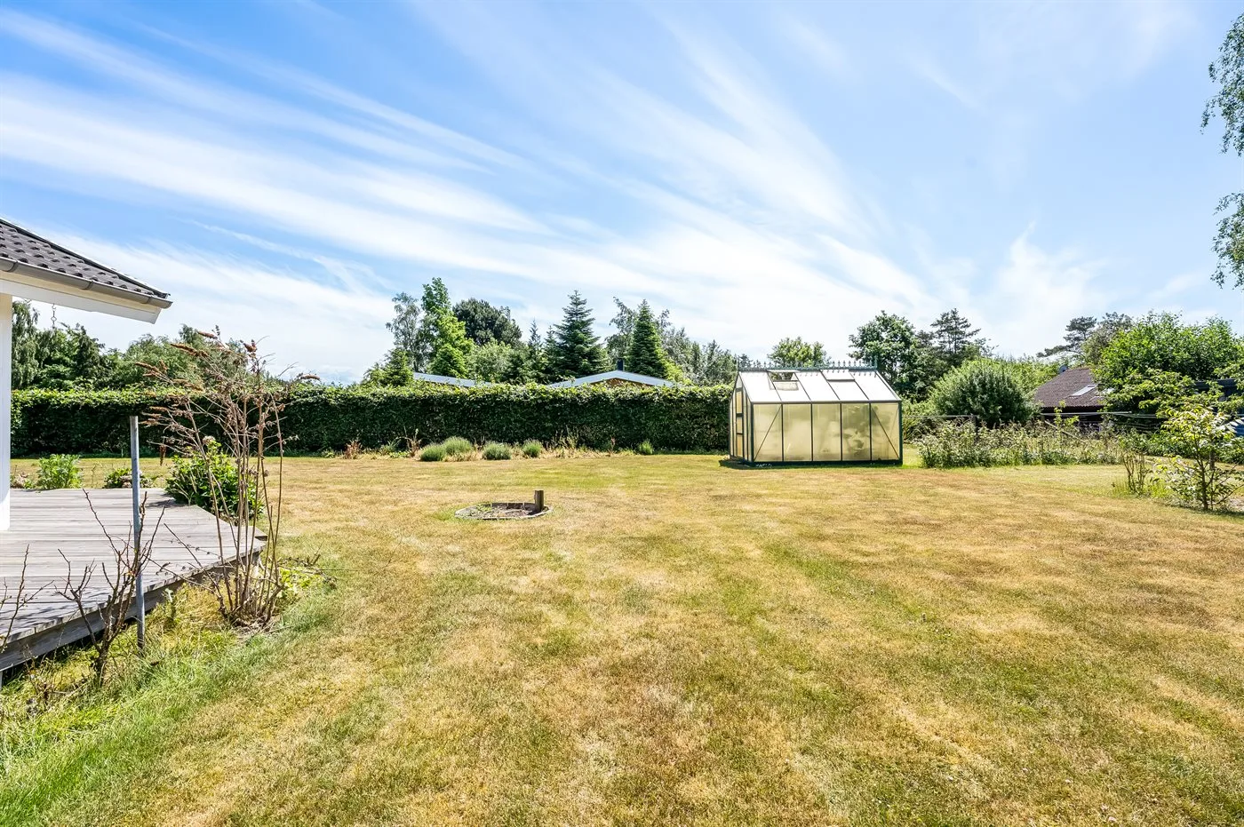 A grassy garden with a greenhouse and trees along the back.