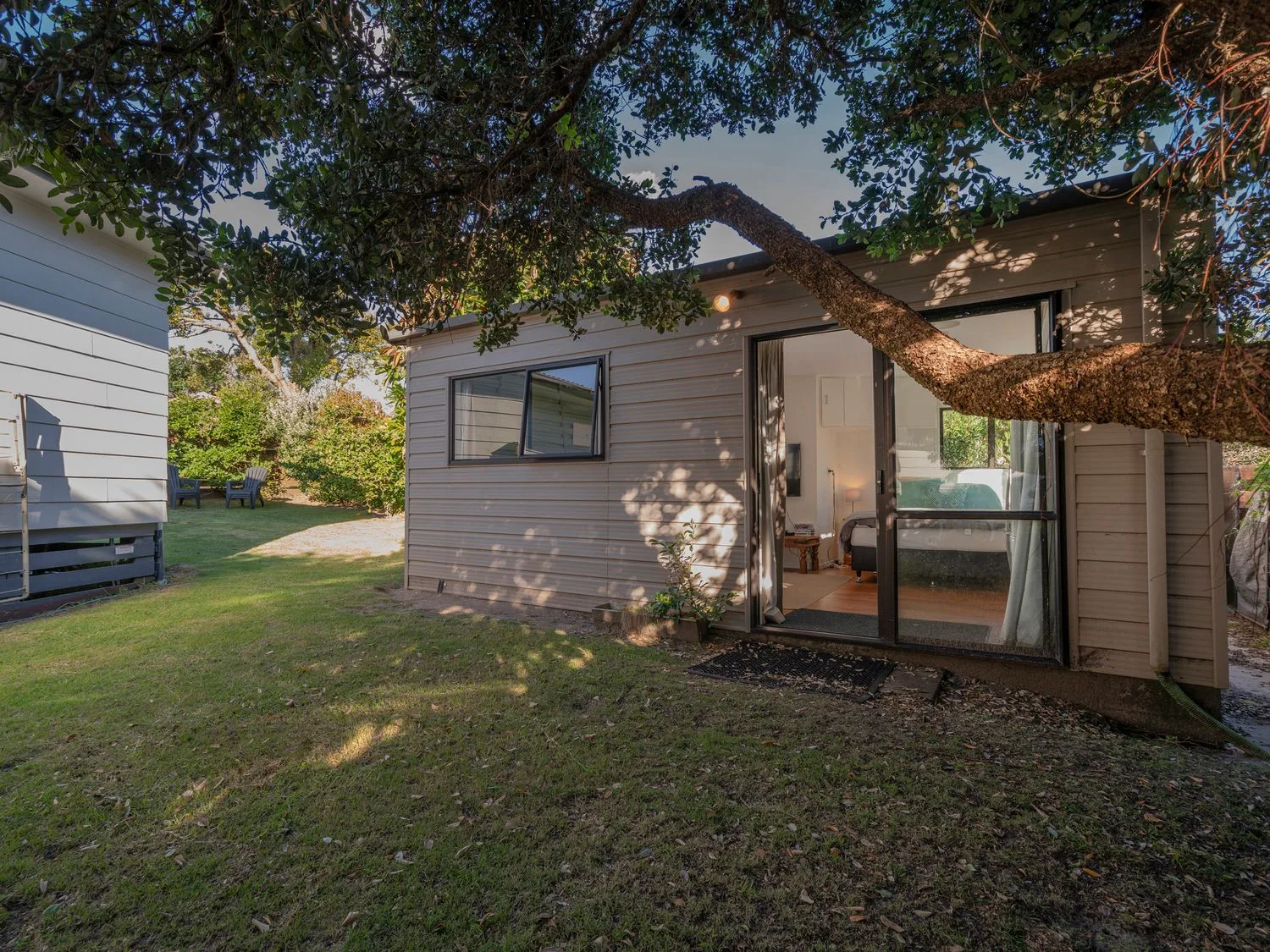 An outdoor grassy area with a tree and a small building with a sliding glass door showing a bedroom inside at Slice of Pauanui - Pauanui Holiday Home Paunui