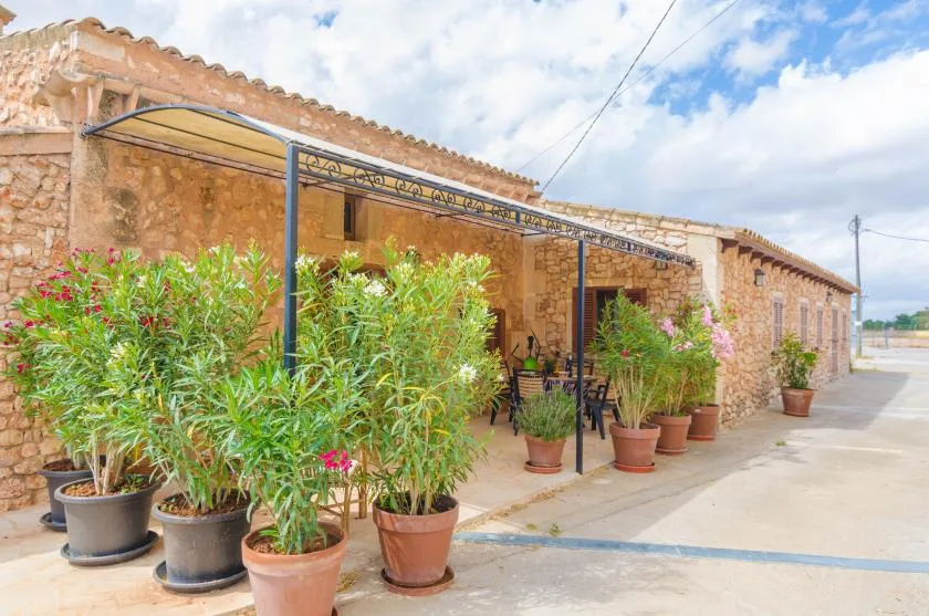 Un edificio de piedra con un pasillo cubierto y plantas en macetas junto a la entrada.