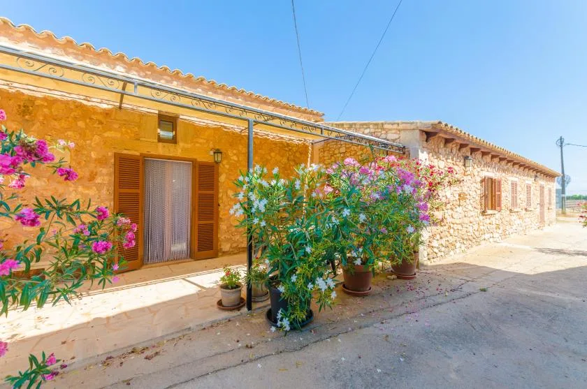Un edificio de piedra con contraventanas de madera y plantas con flores junto al paso.