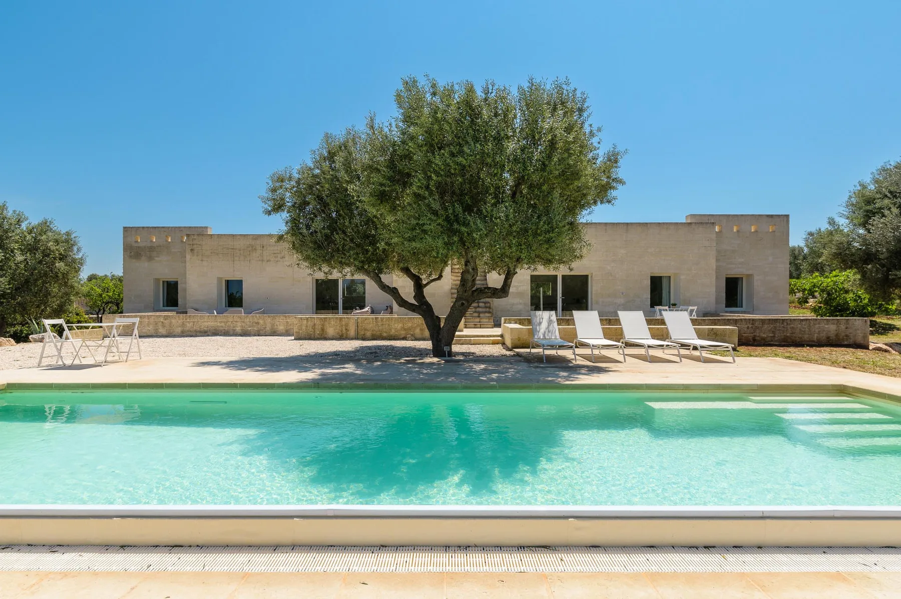 A swimming pool in front of a low stone building and a leafy tree.