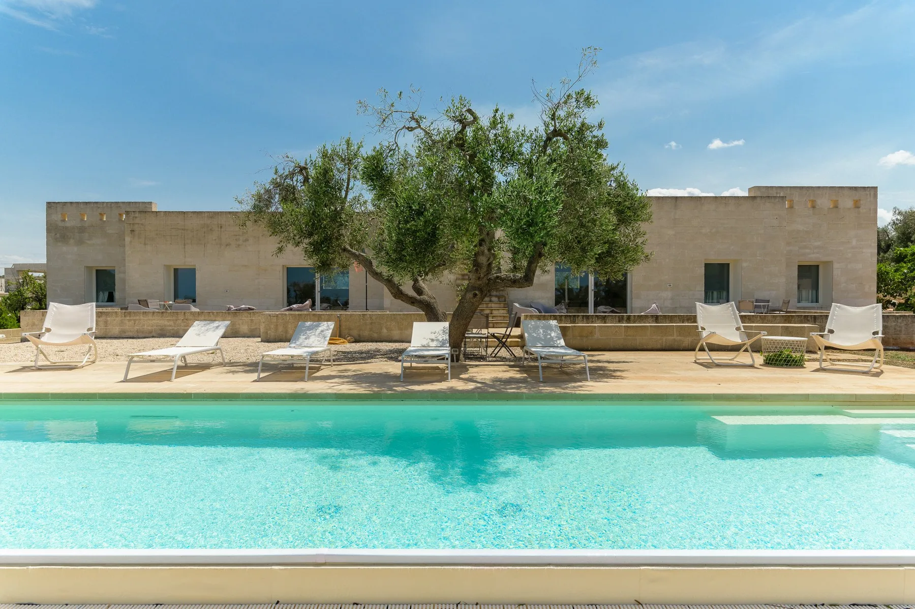 An outdoor swimming pool sits in front of a low building, with loungers beneath a tree.