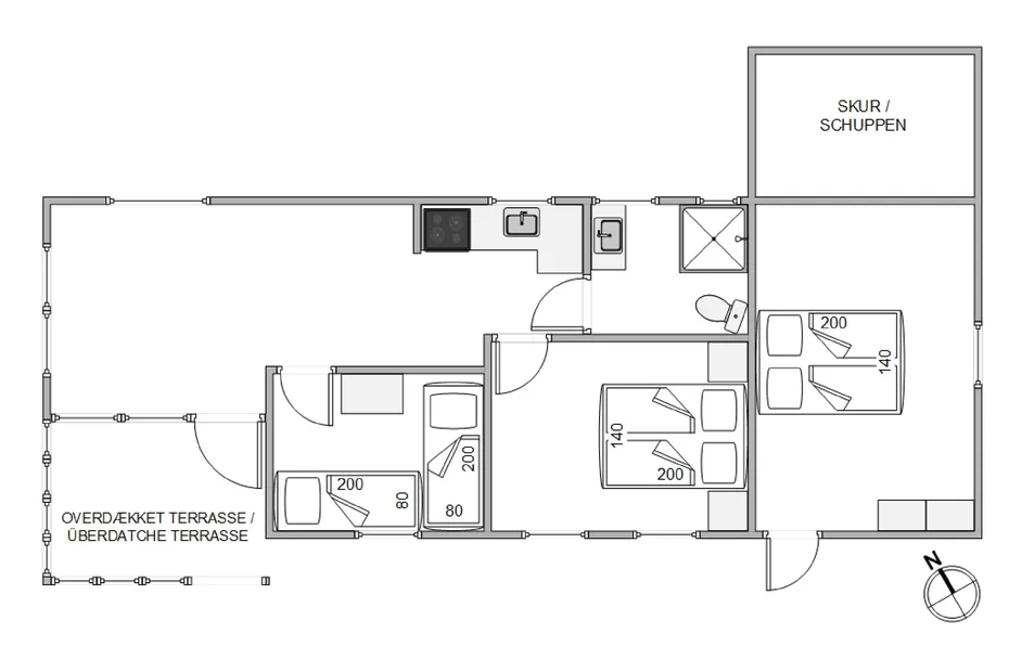 Un plano muestra varias habitaciones, una zona de cocina y una terraza cubierta.