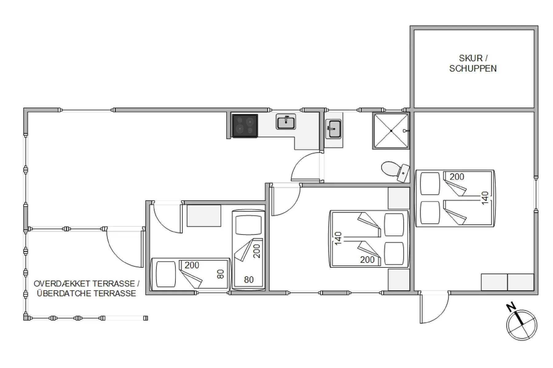 Un plano muestra las habitaciones, el baño, la zona de cocina y la terraza cubierta.