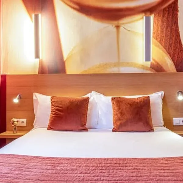 Hotel room with decor inspired by the theme of time.
