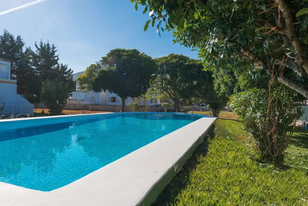 A swimming pool beside a grassy garden with trees and buildings in the background.