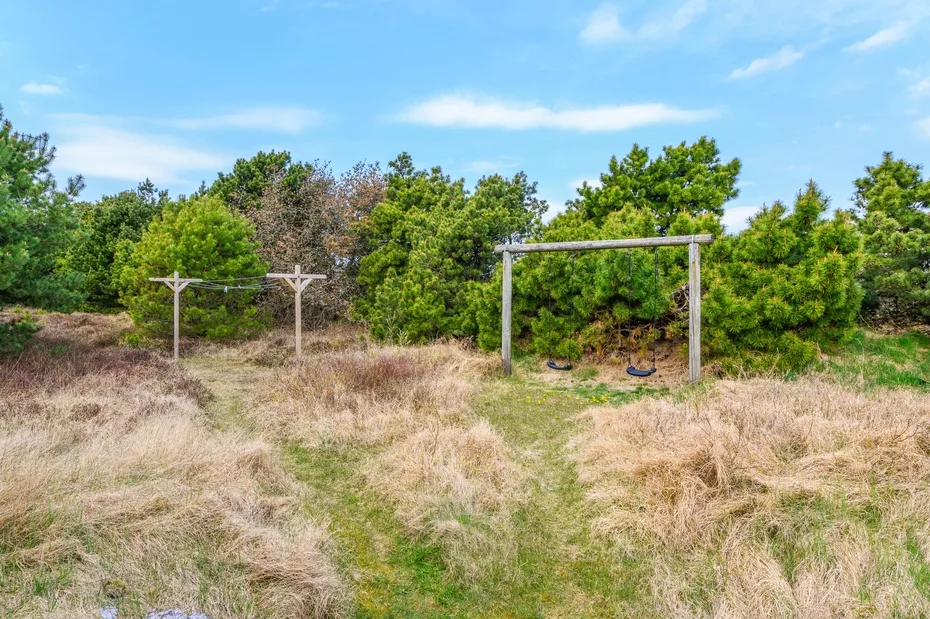An outdoor garden area with a wooden swing frame among trees and dry grass.