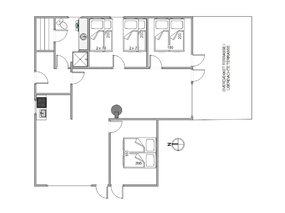 A floor plan shows several rooms, sleeping areas, and an outdoor terrace.