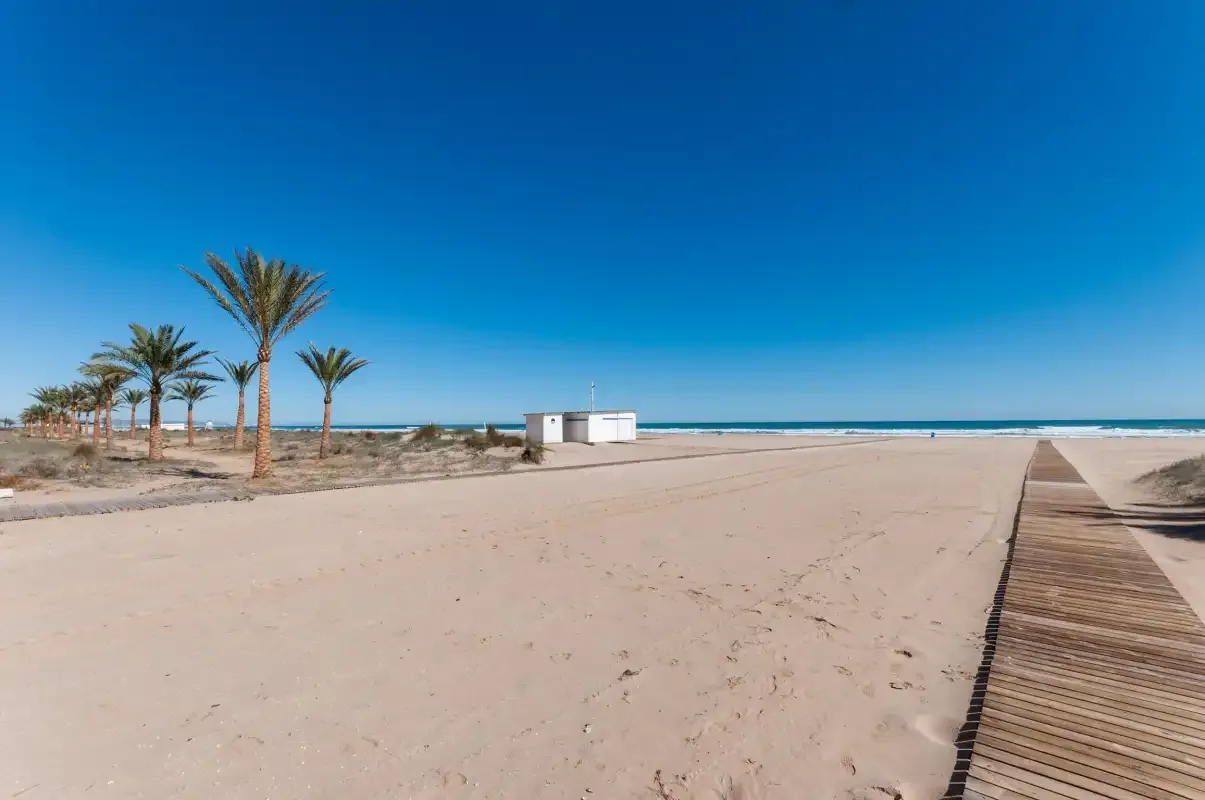A sandy beach with palm trees, a wooden boardwalk, and a small white structure.
