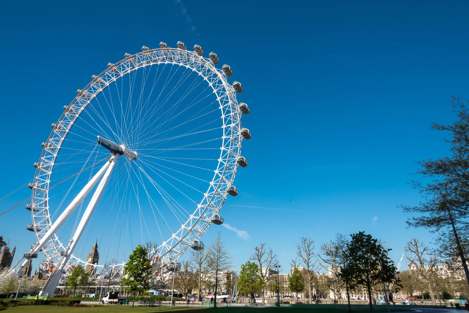 El London Eye se eleva sobre un parque junto al río bajo un cielo azul despejado.