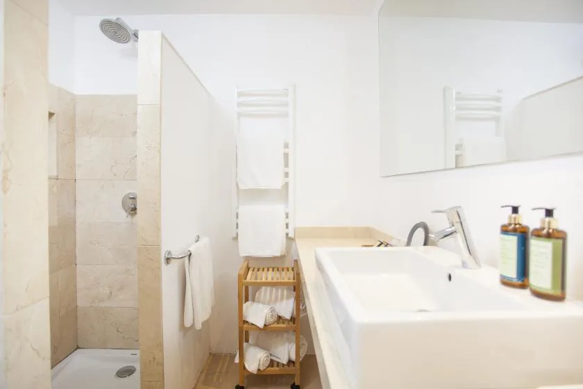 A bright bathroom with a walk-in shower, a bathtub, and a vanity.