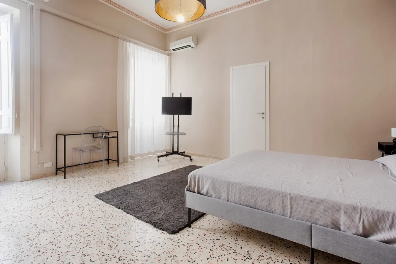 A bedroom with a bed, a rug, and a television beside tall windows.