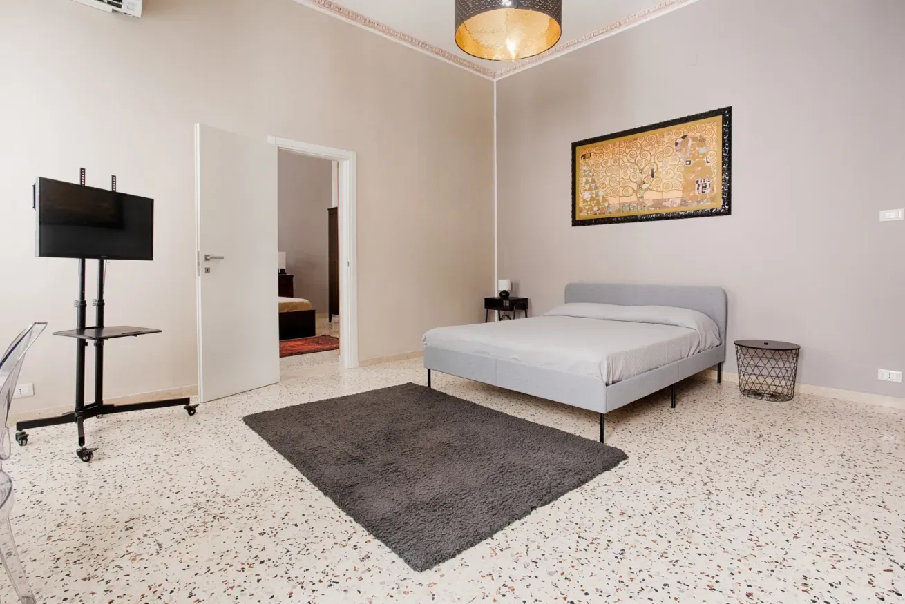 A bedroom with a bed, a dark rug, and a television on a stand.