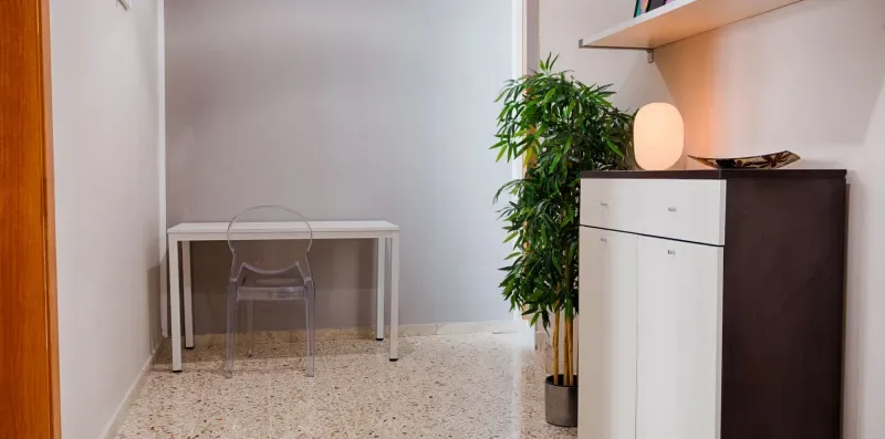 A small desk and chair sit beside a leafy plant and a cabinet.