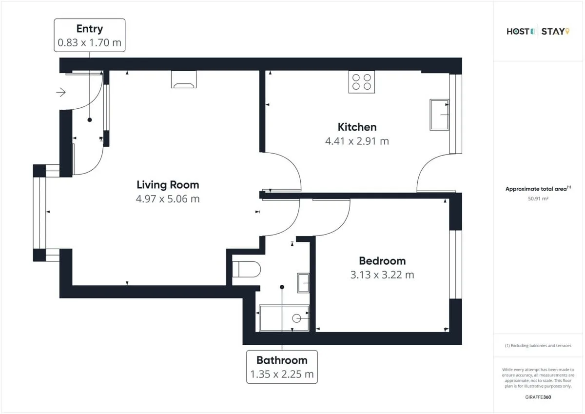 A floor plan shows a living room, kitchen, bedroom, and bathroom.