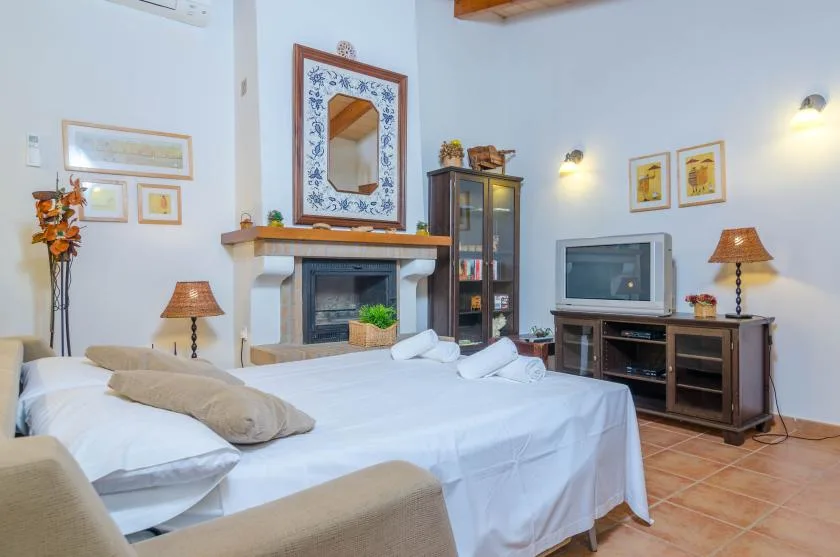Un dormitorio con una cama grande, una chimenea y un televisor.