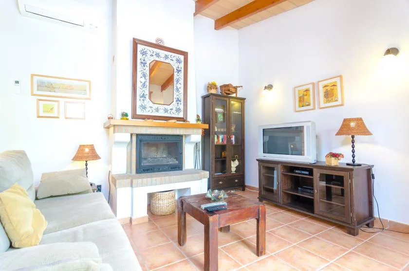 Una sala de estar con chimenea, asientos y un televisor.