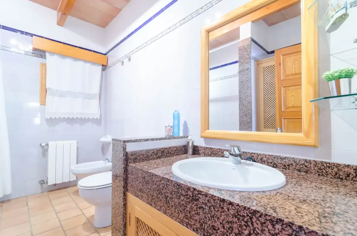 Un baño con lavabo y espejo sobre una encimera.