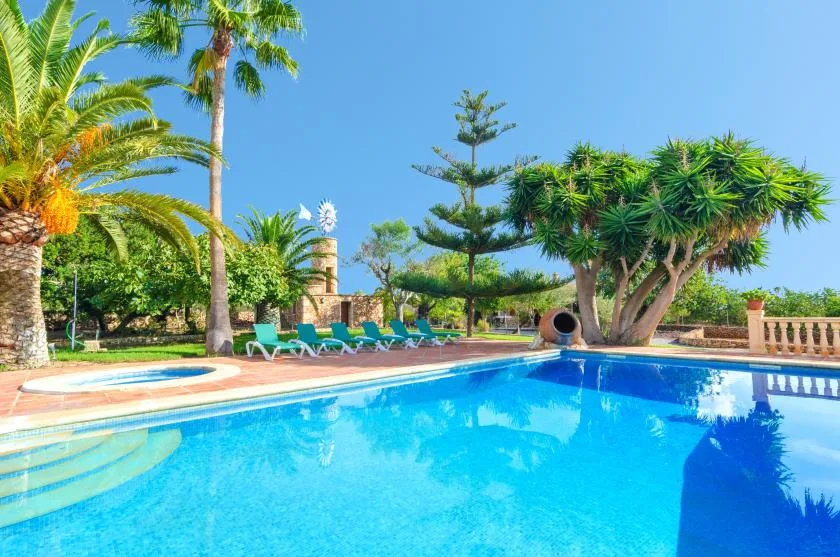 Una piscina al aire libre rodeada de árboles y asientos de descanso.