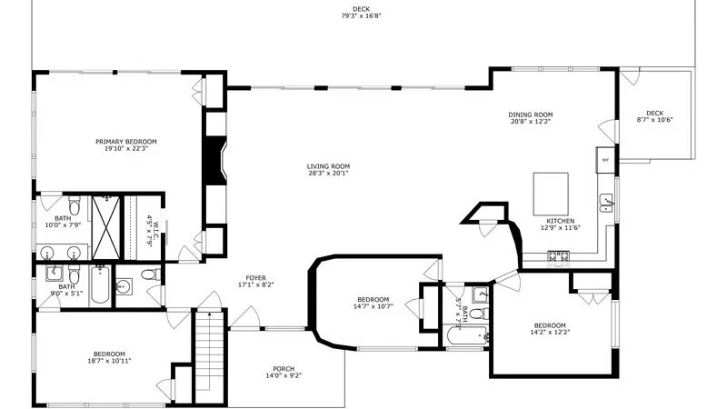 A residential floor plan shows bedrooms, bathrooms, living and dining areas, and decks.