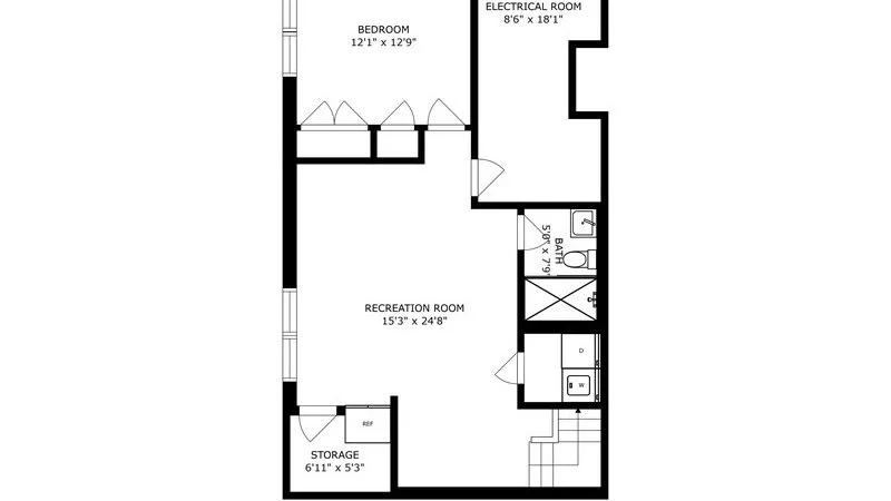 A floor plan shows a bedroom, recreation room, storage area, and electrical room.