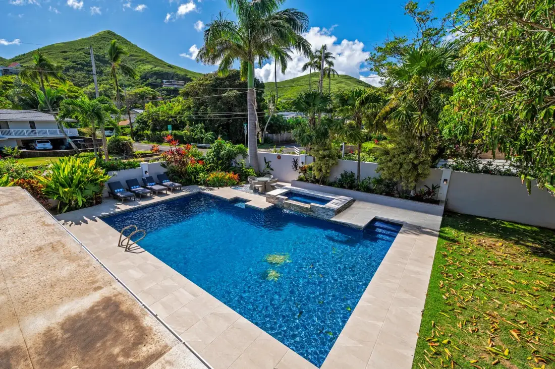 Una piscina al aire libre está rodeada de plantas tropicales y palmeras.