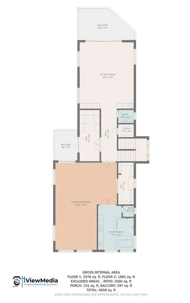 Un plano muestra una sala, un dormitorio, un baño y balcones.