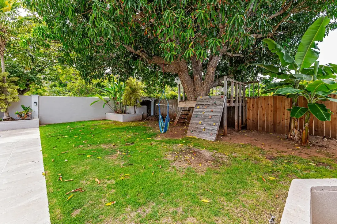 Un jardín con césped, un árbol grande y una pequeña estructura de juego de madera.