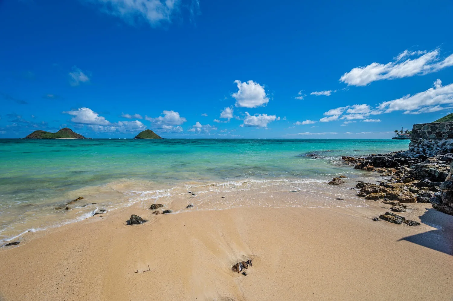 Una playa de arena se encuentra con aguas turquesas bajo un cielo azul despejado.
