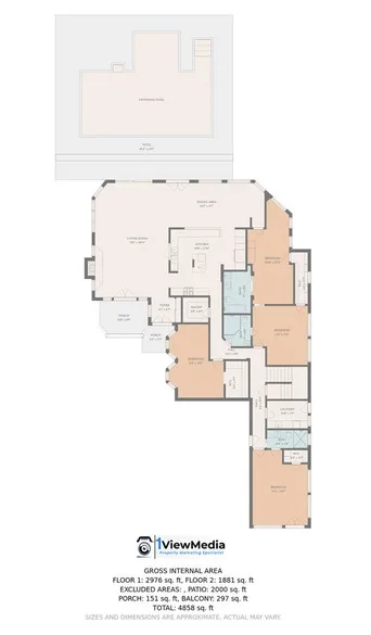 Un plano muestra la distribución de un interior con varias habitaciones.