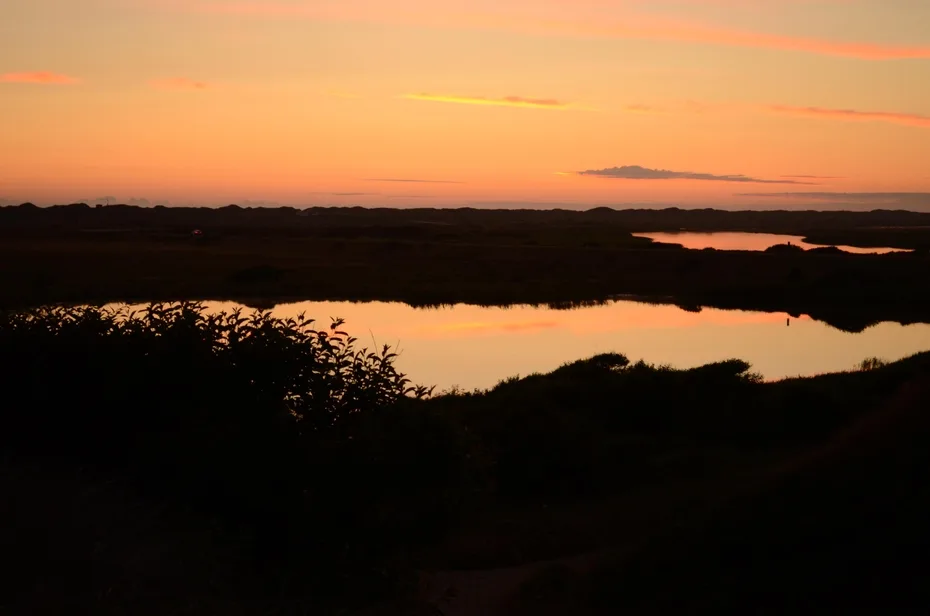 A sunset glows over calm water and a dark, low shoreline.