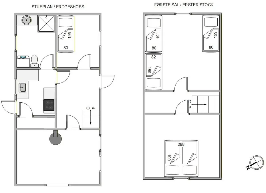 A two-level floor plan shows room layouts, beds, and bathroom fixtures.