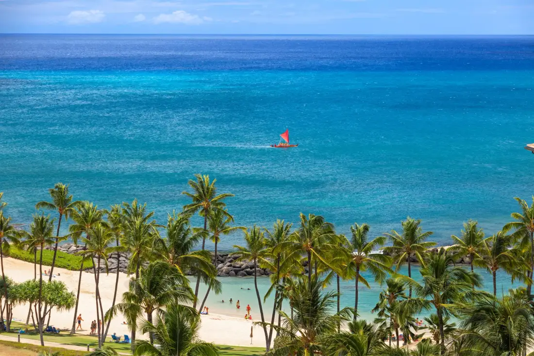 Una playa tropical con palmeras y aguas turquesas.