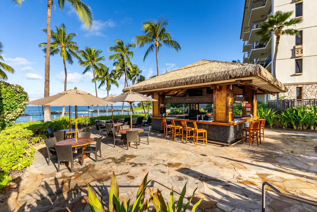 Un patio al aire libre con asientos y un bar de techo de paja junto al mar.