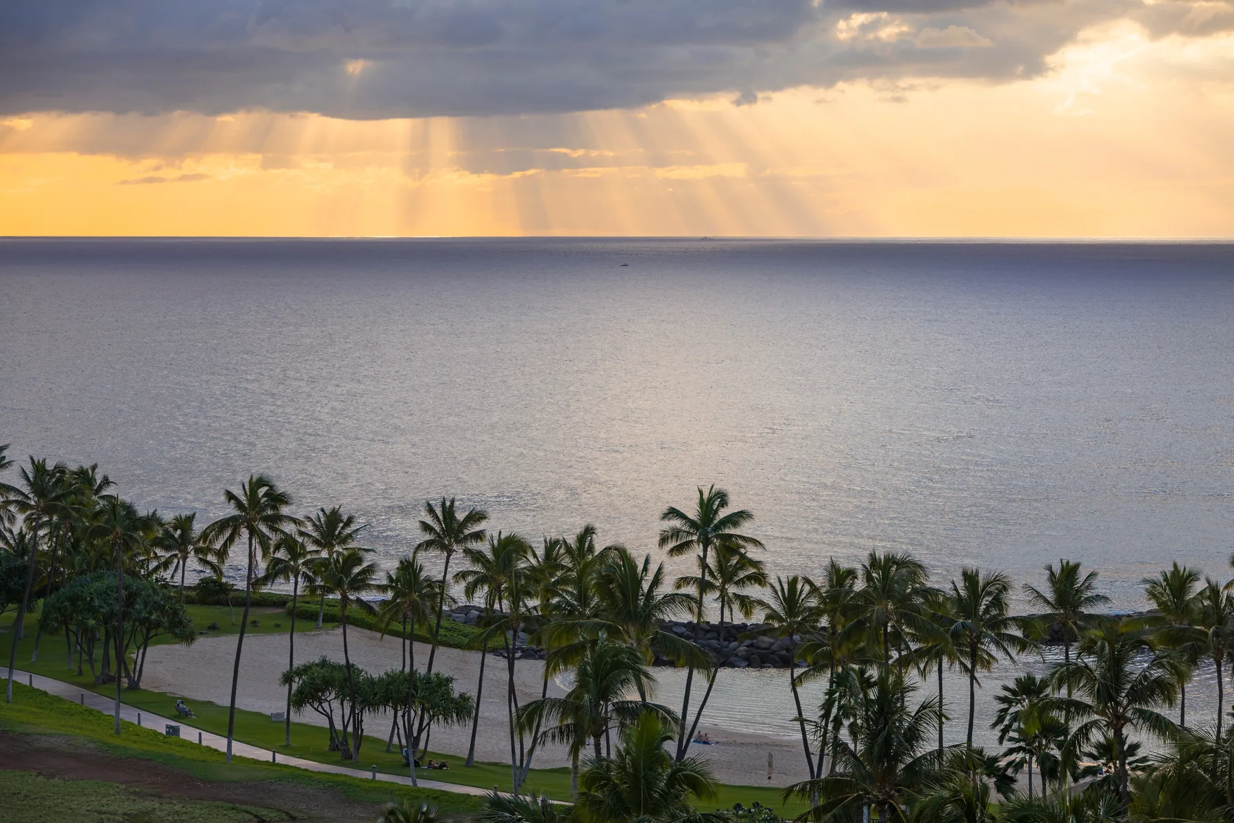 Vista costera del mar bajo un cielo nublado e iluminado por el sol, con palmeras junto a la orilla.